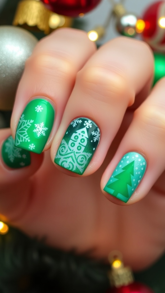 Festive Green Christmas Nail Art Festive green Christmas nail art with snowflakes and trees on a holiday-themed background.
